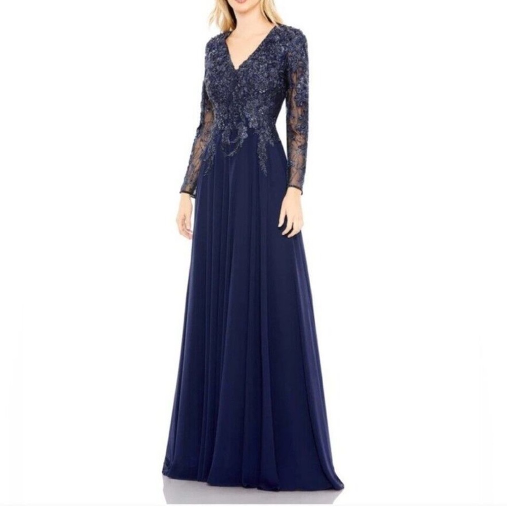 Mac Duggal Midnight Navy Embellished Illusion V-Neck Long Sleeve Gown - Reemoly